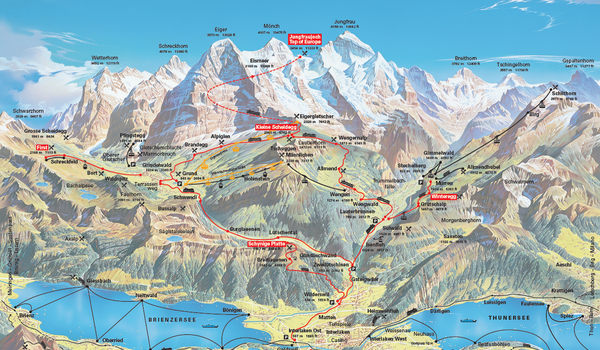 Strecken der Jungfraubahnen in rot