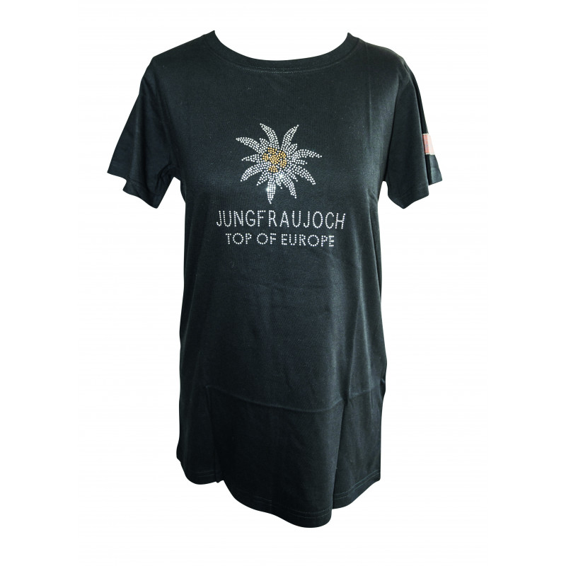 T-Shirt Jungfraujoch Official Collection, Damen, schwarz mit Edelweis 