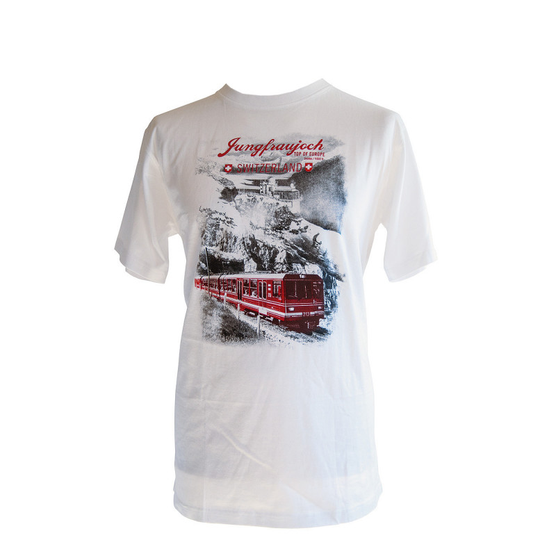T-Shirt Jungfraujoch Official Collection, Herren, weiss mit Auftdruck der Sphinx und der Jungfraubahn 