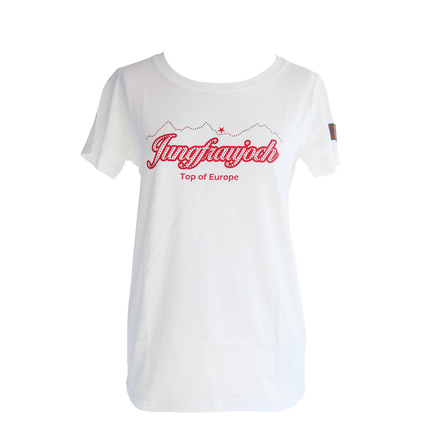 T-Shirt Jungfraujoch Official Collection, femme, blanc avec l’inscription Jungfraujoch et une chaîne de montagnes 